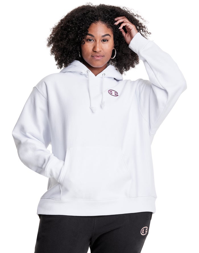 Champion Womens Hoodie NZ - Plus Reverse Weave Triple Outline Logo White ( 5362-KILWD )